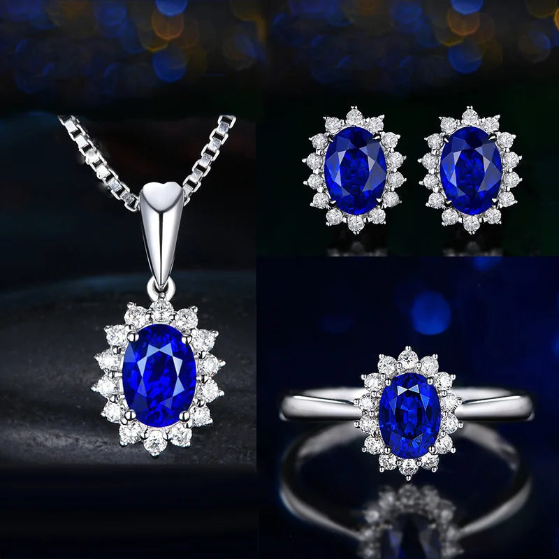 HuiSept Elegant Silver 925 Earrings Jewelry Set Oval Shape Sapphire Zircon Gemstone Pendant Necklace Open Ring for Women Wedding