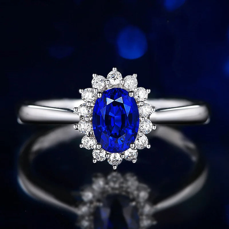 HuiSept Elegant Silver 925 Earrings Jewelry Set Oval Shape Sapphire Zircon Gemstone Pendant Necklace Open Ring for Women Wedding