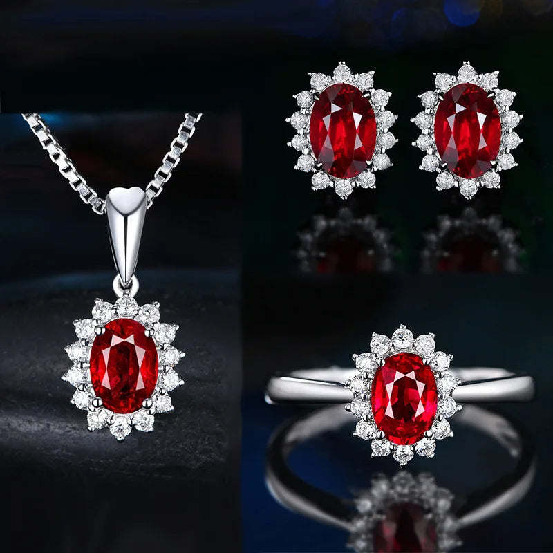 HuiSept Elegant Silver 925 Earrings Jewelry Set Oval Shape Sapphire Zircon Gemstone Pendant Necklace Open Ring for Women Wedding