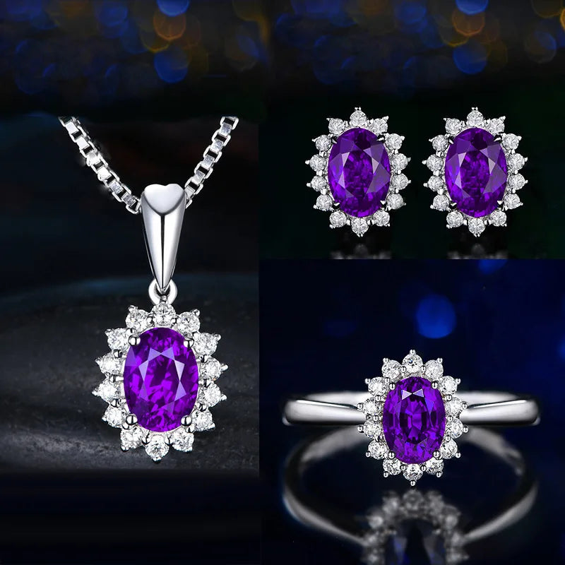 HuiSept Elegant Silver 925 Earrings Jewelry Set Oval Shape Sapphire Zircon Gemstone Pendant Necklace Open Ring for Women Wedding