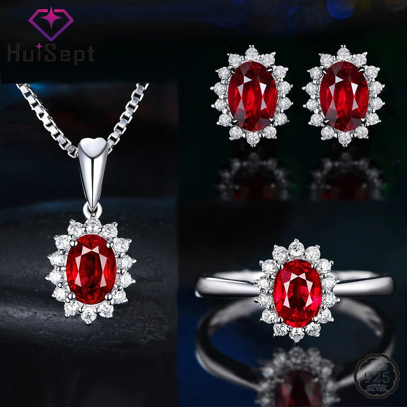 HuiSept Elegant Silver 925 Earrings Jewelry Set Oval Shape Sapphire Zircon Gemstone Pendant Necklace Open Ring for Women Wedding
