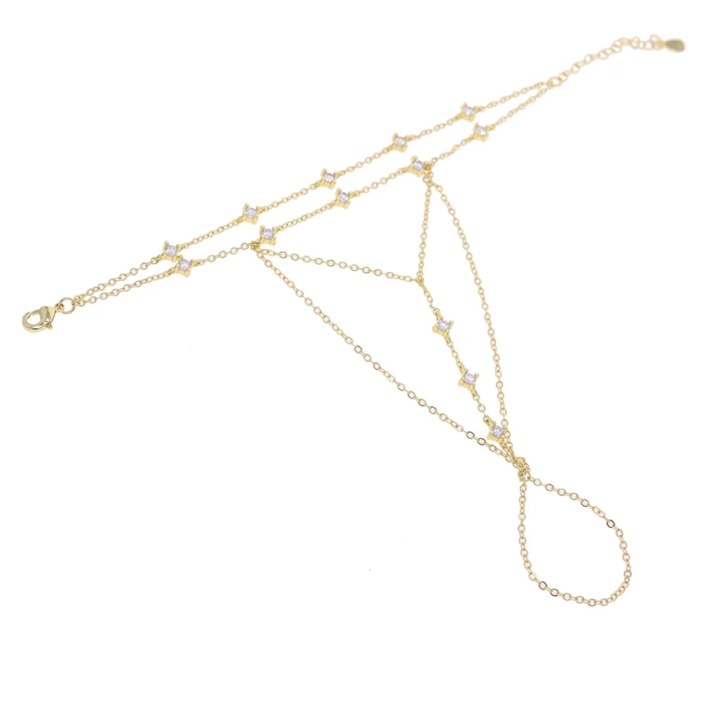 2025 New Micro Pave Clear CZ Tassel Hand Chain Bracelet Gold Color With Round CZ Station Double Chain Fashion Women Jewelry