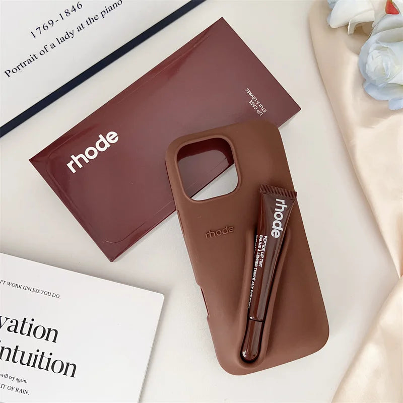Fashion Rhode DIY Lipstick Lip Holder Soft Silicone Case for IPhone 17 16 15 14 13 12 11 Pro Max Plus Air Phone Stand Back Cover
