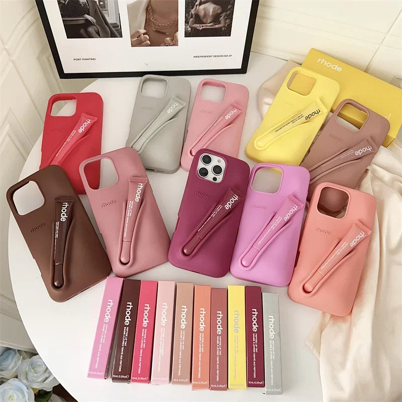 Fashion Rhode DIY Lipstick Lip Holder Soft Silicone Case for IPhone 17 16 15 14 13 12 11 Pro Max Plus Air Phone Stand Back Cover