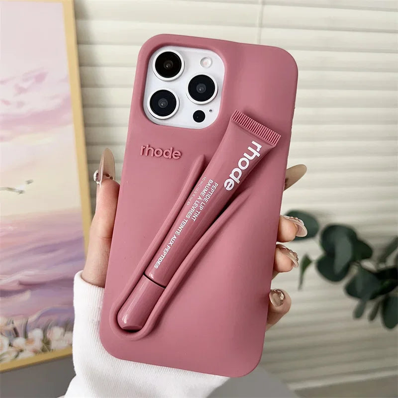 Fashion Rhode DIY Lipstick Lip Holder Soft Silicone Case for IPhone 17 16 15 14 13 12 11 Pro Max Plus Air Phone Stand Back Cover