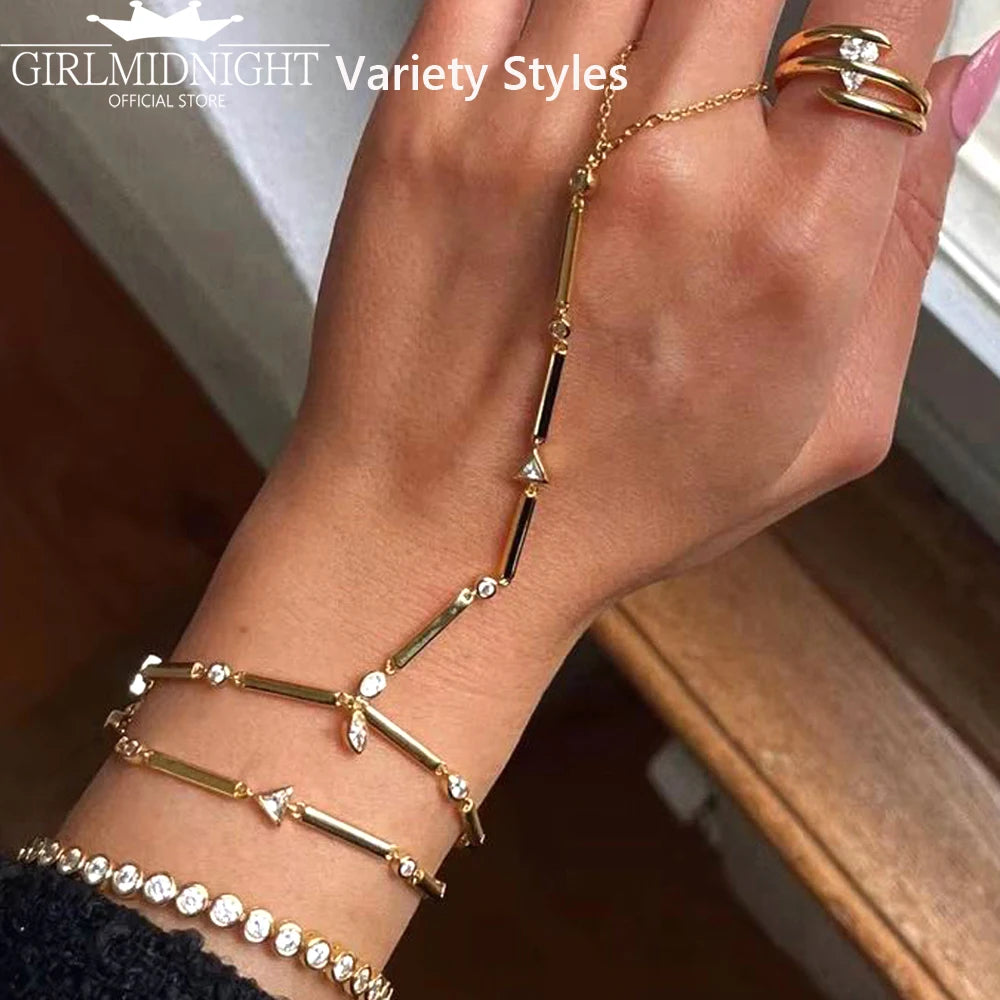 2025 New Micro Pave Clear CZ Tassel Hand Chain Bracelet Gold Color With Round CZ Station Double Chain Fashion Women Jewelry