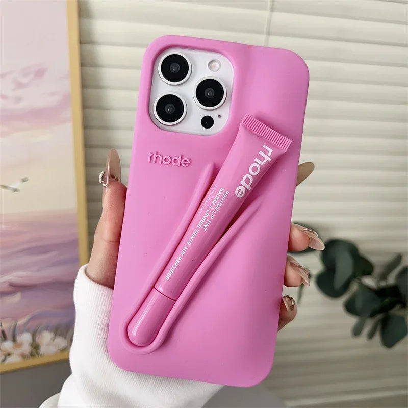 Fashion Rhode DIY Lipstick Lip Holder Soft Silicone Case for IPhone 17 16 15 14 13 12 11 Pro Max Plus Air Phone Stand Back Cover