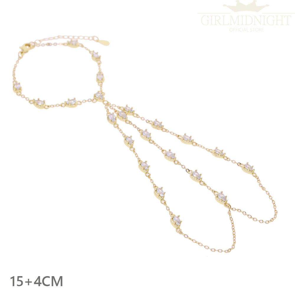 2025 New Micro Pave Clear CZ Tassel Hand Chain Bracelet Gold Color With Round CZ Station Double Chain Fashion Women Jewelry